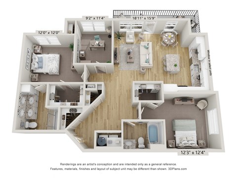 Floor plan for 2 beds, 2 baths, 1285 sqft